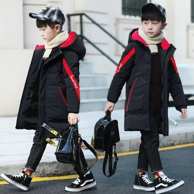 

Boys Thickened Long Jackets Children Winter Warm Cotton Coats New Kids Fashion Hooded Outerwear Teenager Casual Clothing 5-14Y