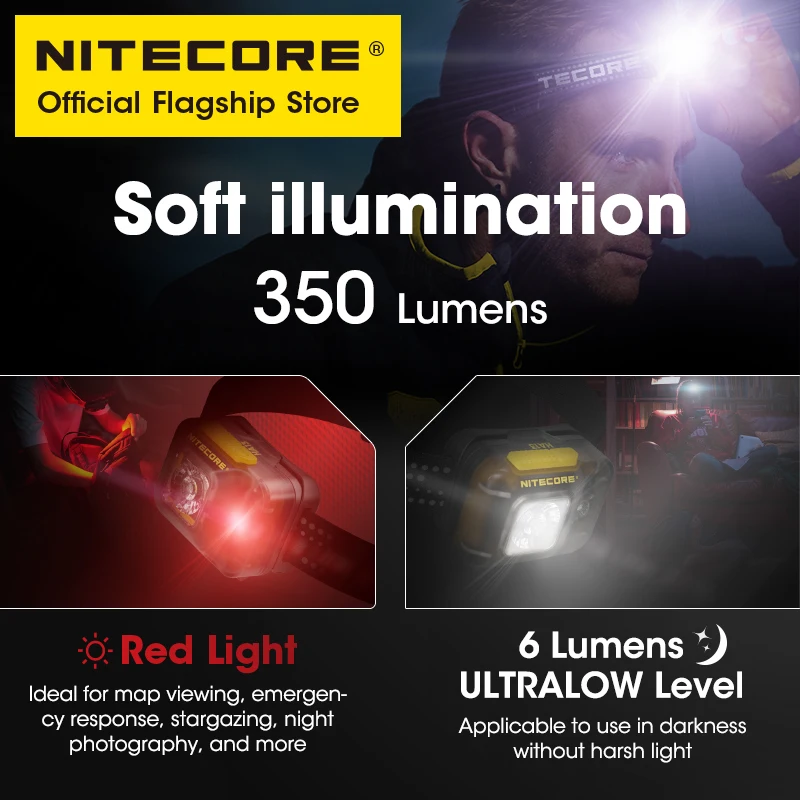 Imagem -03 - Nitecore-farol Dual Power Source Camping Luz de Trabalho Night Trail Running Farol de Pesca Farol 350 Lumens Ha13 Aaa Battery