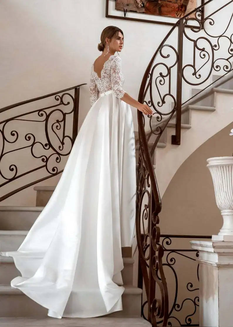 VENSANAC Deep V Neck Lace Appliques A Line Wedding Dress Illusion 3/4 Sleeve Sash Sweep Train Bridal Gowns