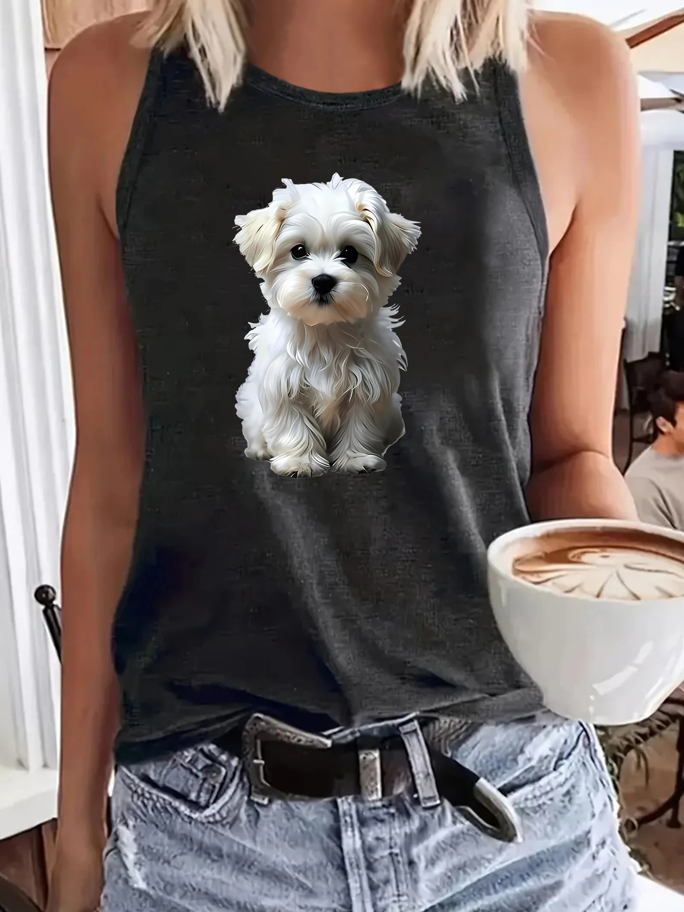 Women Summer Sleeveless Tank Top, Cute Maltese Puppy Dog Realistic Graphic Print, Pet Lover Soft Casual Daily Workout Vest