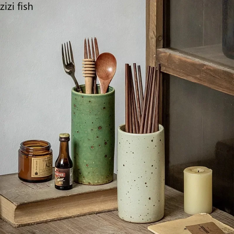 

Vintage Rough Pottery Storage Rack Creative Chopstick Rack Knife Fork Spoon Storage Rack Household Storage Jar Kitchen Tools