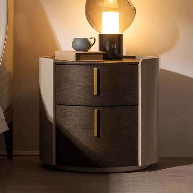 Round solid wood bedside table Bedroom smoke paint bedside table