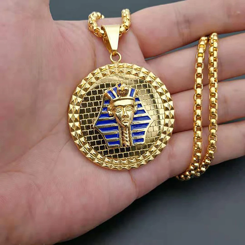 Egyptian Pharaoh Head Pendant Necklaces Male Gold Color Stainless Steel Round Necklace for Men Ancient Egypt Jewelry Gift