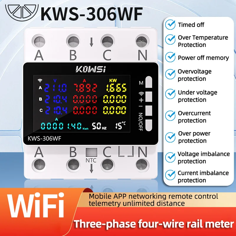 Medidor de Energía Wifi, Monitor de CA, 85-290V, 80A, Trifásico, 4 Cables, Riel DIN, Protector de Sobretensión y Baja Tensión, Medidor de Electricidad