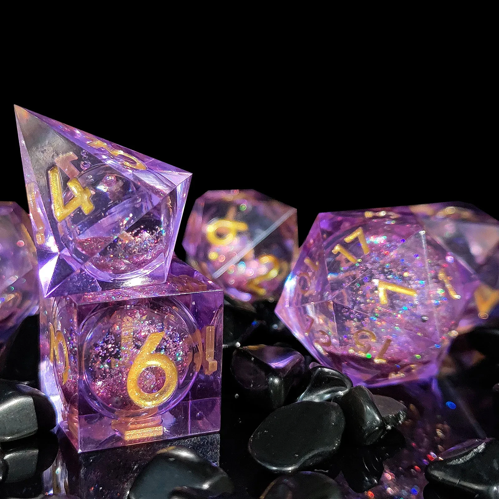 7pcs Purple Golden Quick Sand Resin DND Sharp Edge Dice Set for Dungeon and Dragon RPG Board Game Role-playing D&D Dice D4~D20