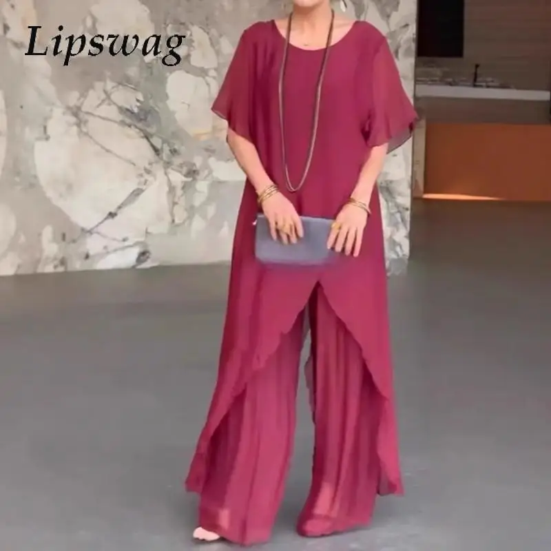 

Модный топ с круглым вырезом и короткими рукавами и длинные брюки, летний элегантный уличный однотонный наряд для вечеринок, женский повседневный свободный костюм нестандартной формы