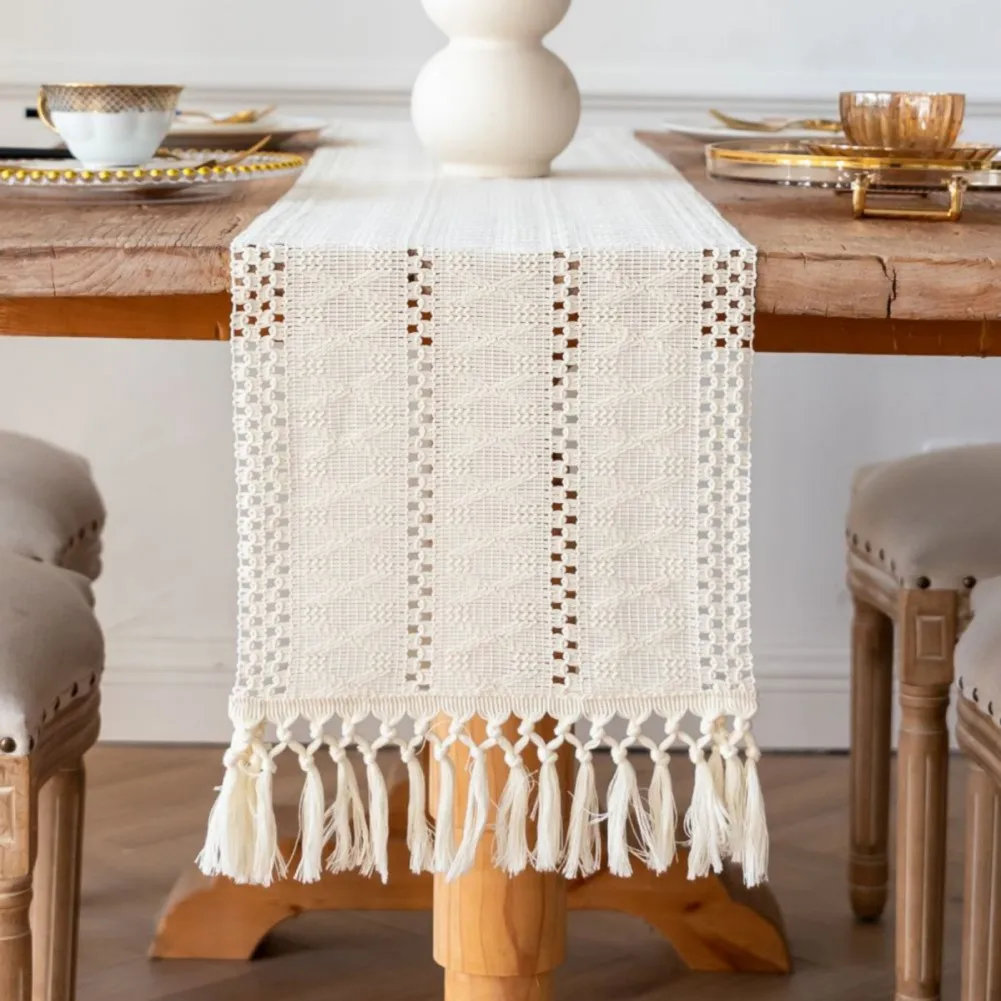 Cotton Linen Table Runner with Tassel Farmhouse Style Vintage Table Runners For Coffee Table Decor Wedding Decoration