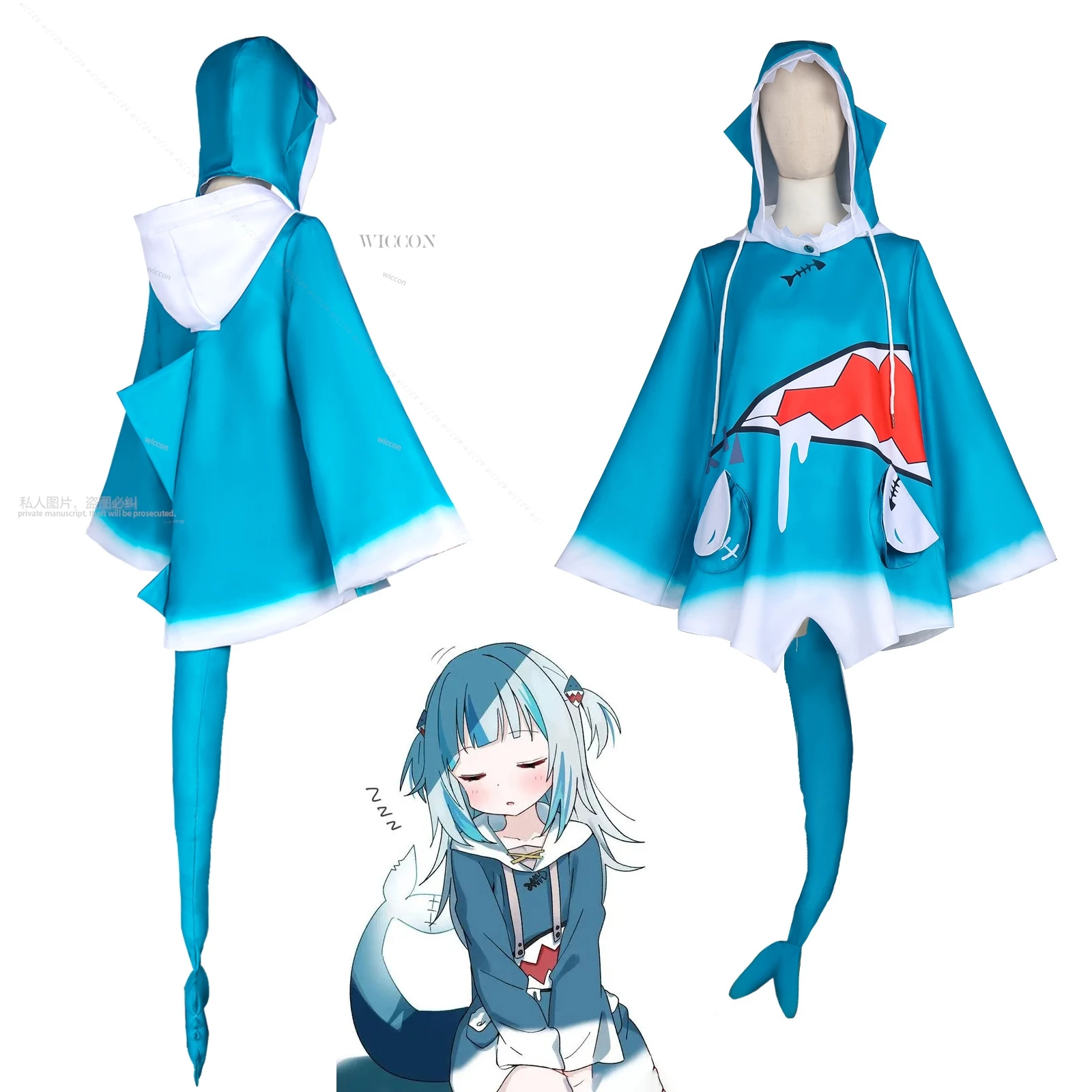 Gawr Gura Cosplay Costume Clothes Uniform Cosplay Cape Performance Dress Daily Outfit Shark Tail Halloween Party Woman Man