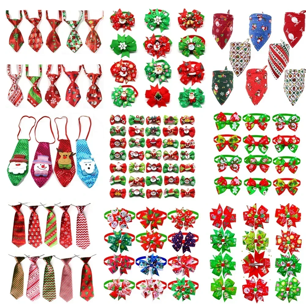 50pcs Christmas Dog Bows Pet Cat Dog Pet Bow Tie Bandana Christmas Small Dog Grooming Accessories Large Dog Holiday Supplies