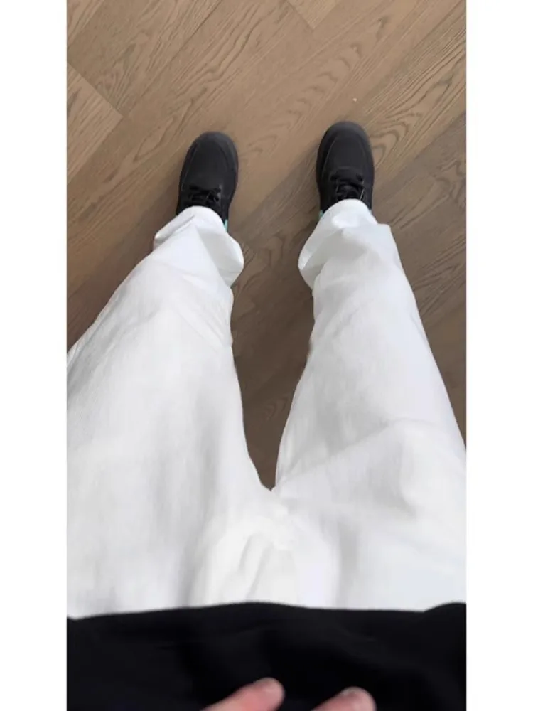 

White mid High Waist Men's Jeans Loose Wide Leg Cleanfit Trendy American High Street Straight Micro Flared Pants Cotton Polye...