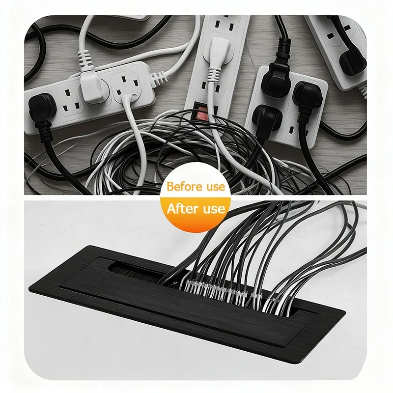 1Pcs 90-300mmAluminum Alloy Table Hole Cover with Black Brush Table Threading Box Desktop rectangular Hole Guard Ring For Office