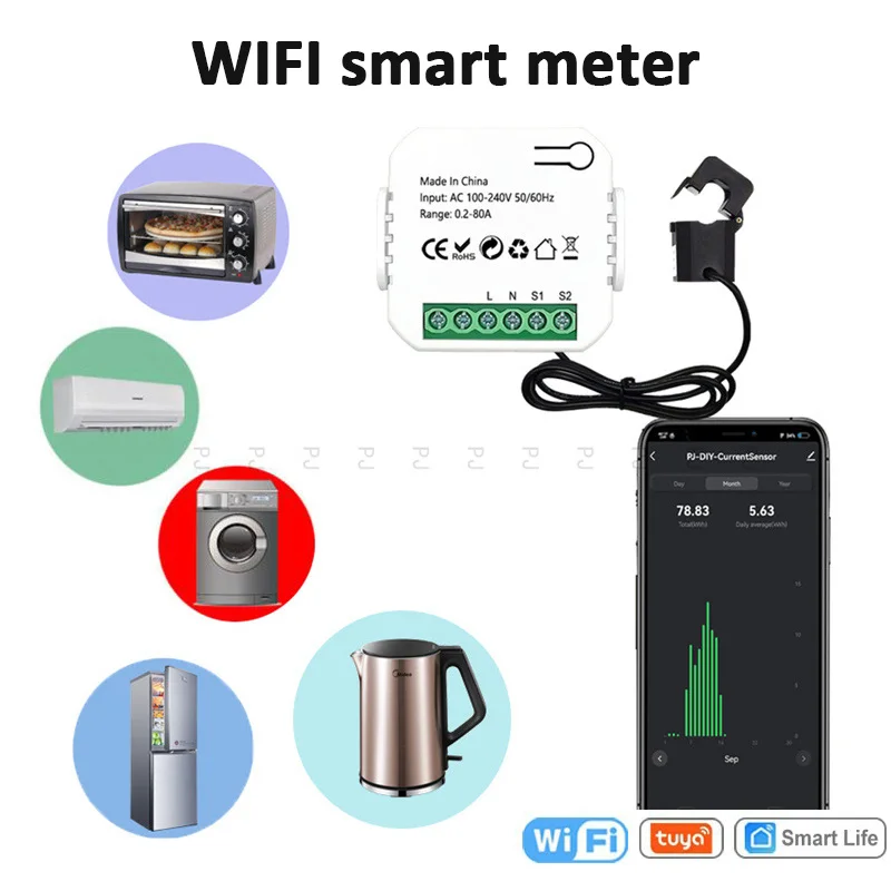 Smart Meter Energy Monitor Clamp WiFi Electricity Usage Statistic Monitor App Control 80A Compatible with Tuya WIFI Smart Life