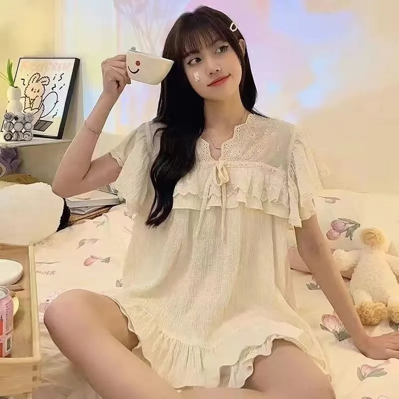 New Good-looking Sleepshirts Princess Style Lace Short Sleeve Peplum Loose Nightgown Ladies Home Wear  Summer Style pajama Sets