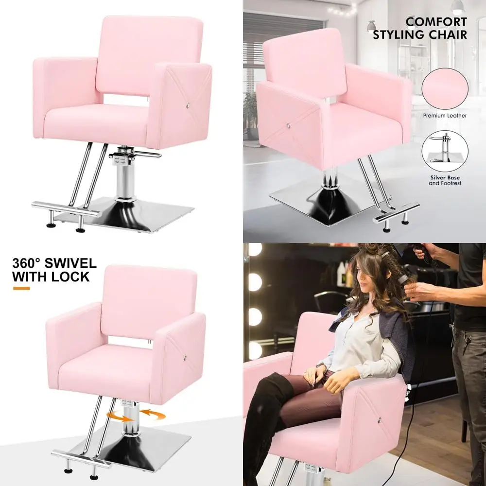 Stylish Pink Salon Chair for Hair Stylists with Backrest, 360-Degree Swivel Hydraulic Seat, Essential Beauty Salon Equipment