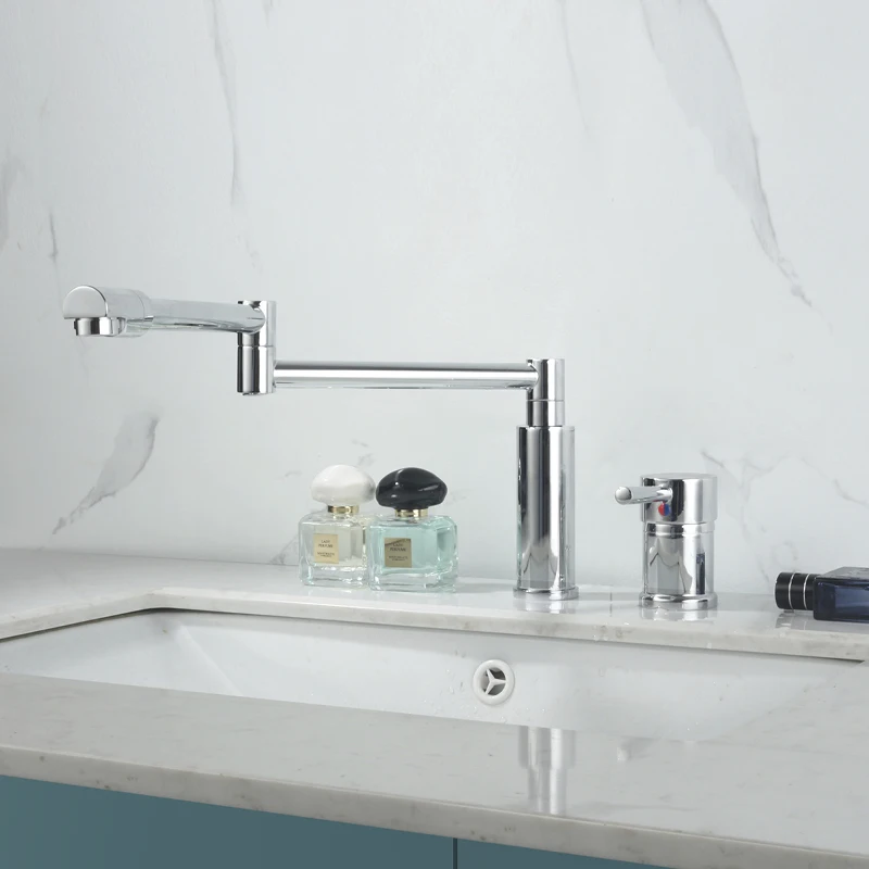 

Deck Mount Double Hole Bathroom Sink Faucets Single Handle Hot and Cold Mixer Tap Modern Basin Folding Sink Faucets Chrome