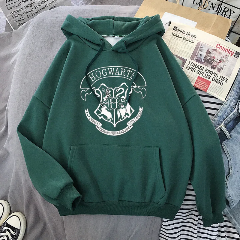 Mode y2k Hogwarts bedruckte Hoodies Frauen Sweatshirt Herbst Winter lange Ärmel sowie Samt lässig lose Fleece Tops übergroß