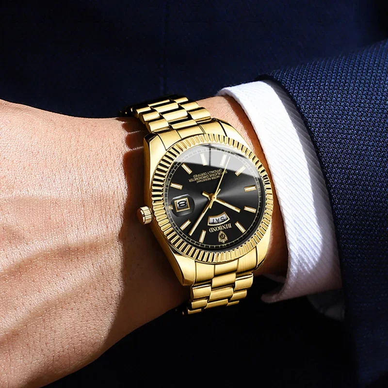 Reloj de cuarzo chapado en oro de 18k para hombre, cronógrafo de marca superior con fecha, correa de acero para ocio y negocios,