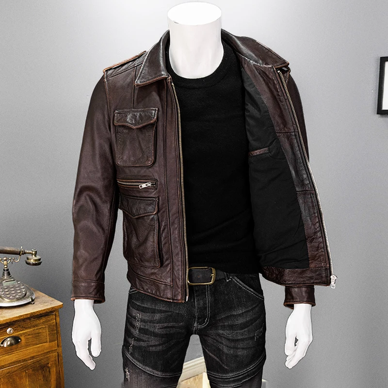 Vintage Red Brown Autumn Leather Jacket Men Safari Style Plus Size 6XL Natuarl Cowhide Four Pockets Genuine Leather Coat