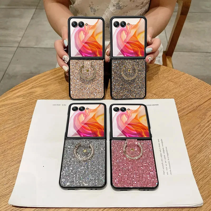 

Роскошный блестящий чехол-накладка однотонного цвета для Motorola Razr 60 50 Ultra 2025 2024 с пайетками, сетчатым узором и блестящим кольцом-держателем