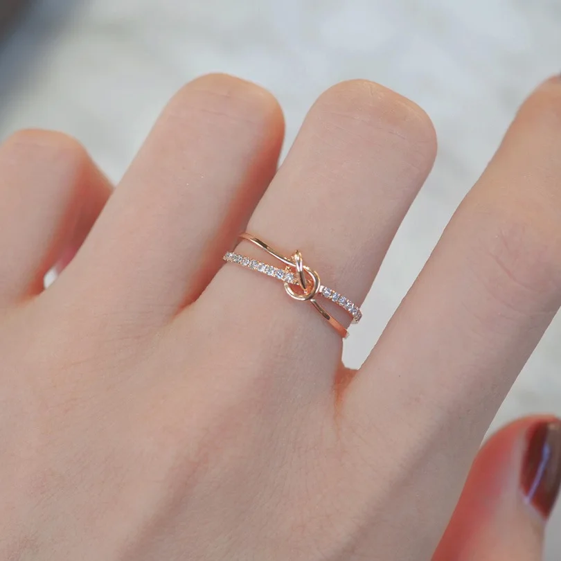 Elegant Artistic Dense Inlaid Zircon Knot Double Layer Ring For Women 925 Sterling Silver Creative High-Grade Rose Gold Jewelry