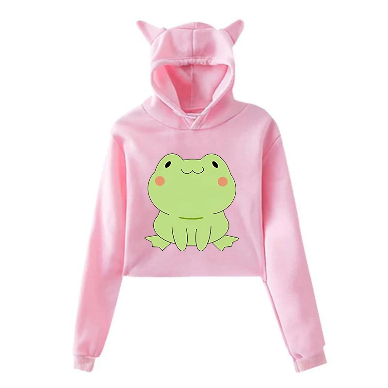 Neuer y2k kurz geschnittener Pullover niedlicher Frosch druck Sweatshirt Frauen Mädchen Katzen ohren Hoodie