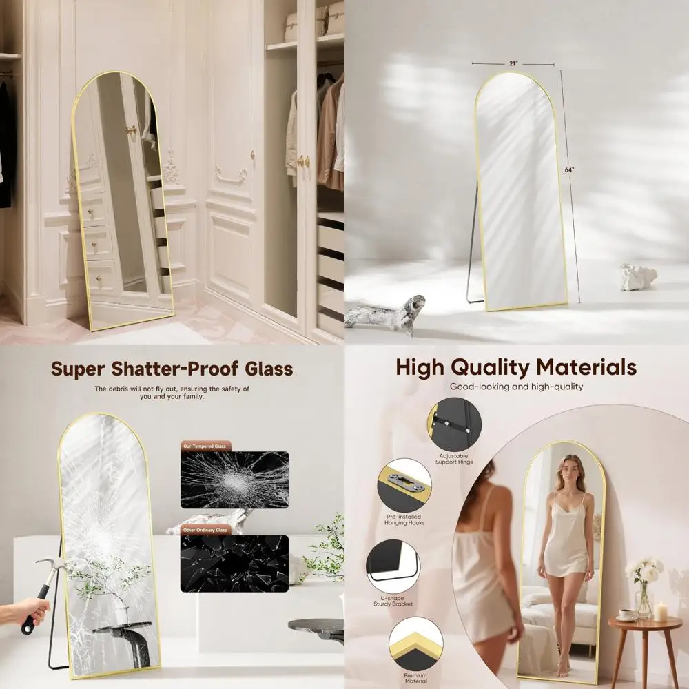 Grande espelho de piso de vidro temperado dourado arqueado com suporte, espelhos de suspensão de parede de comprimento total 64x21 para visualização de comprimento corporal
