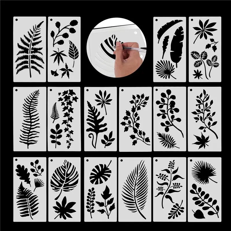 A44I-16 Pieces Leaves Stencil Reusable Sheet Painting Stencil Sheet Wall Stencil Leaf Pattern Template Tropical Leaf Reusable