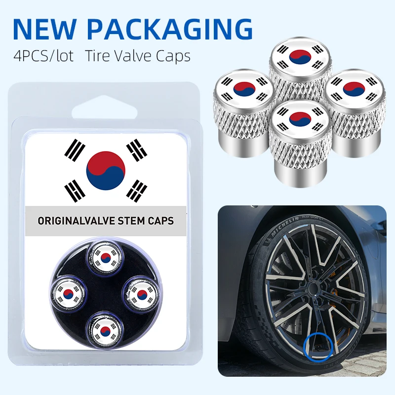 4Pcs National Flag Car Tire Valve Stems Cap Knurling Style Tire Valve Caps for Korean Flag Accessories BNCD-R634