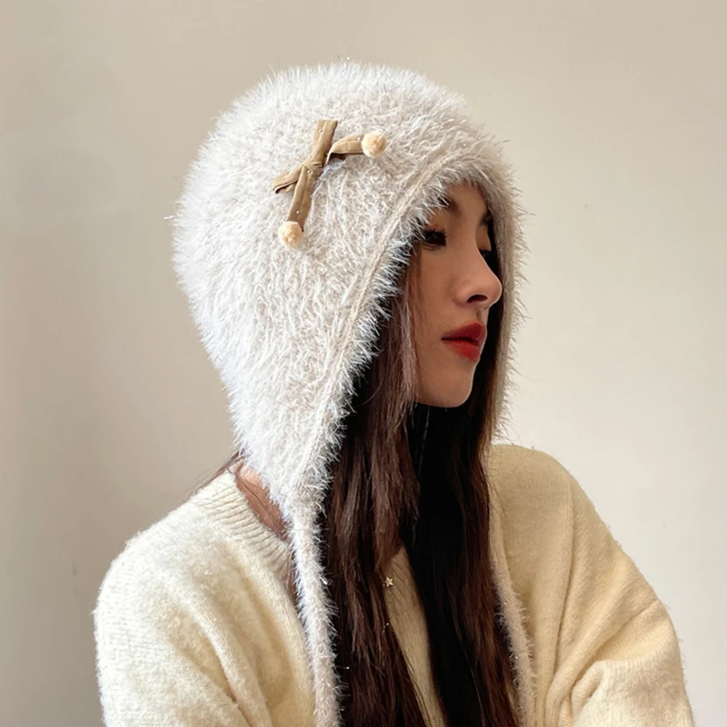 Ski Cycling Knitted Hat Autumn Winter Hat Female Cute Sweet Bow Knitted Wool Hat Fashion Plush Ear Protector Pullover Hat NEW