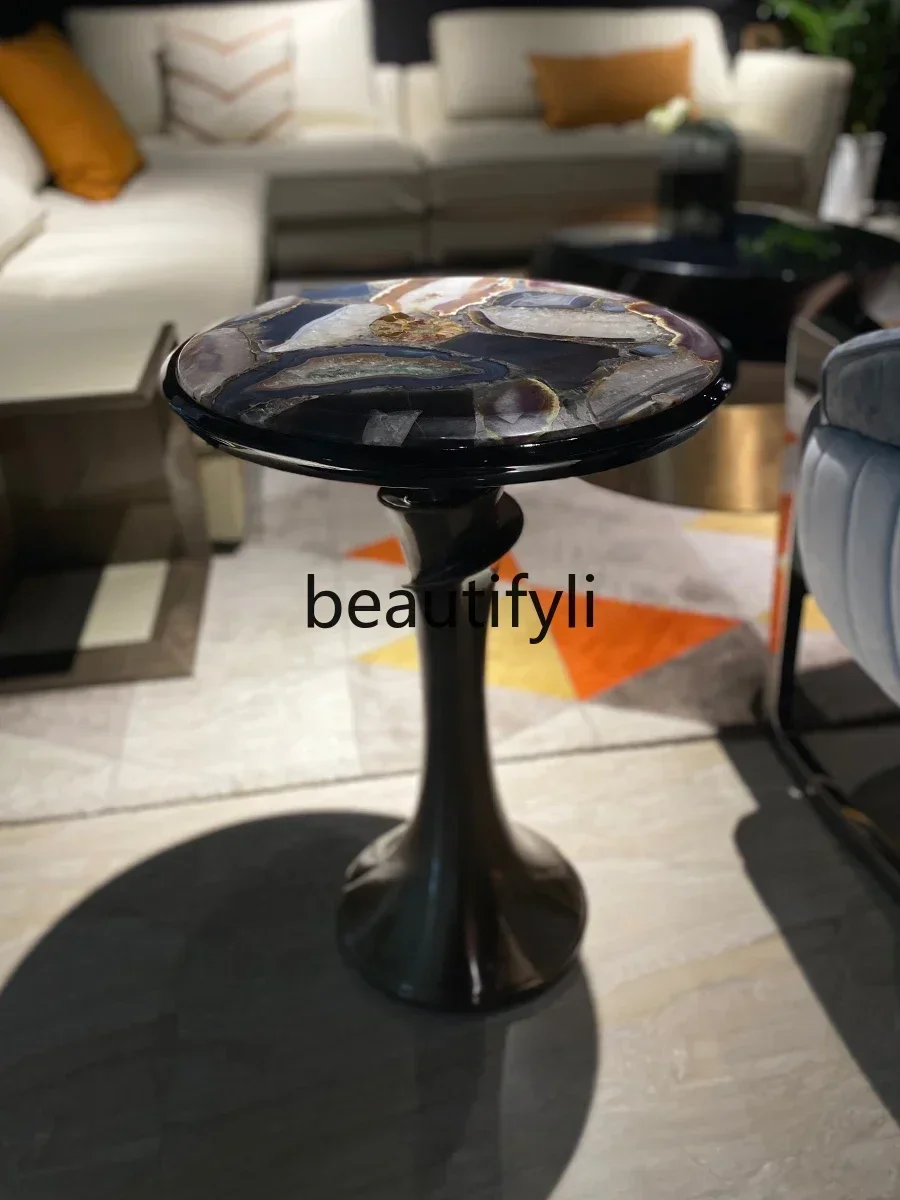 M178 A Light luxury round edge few natural agate stone living room creative stainless steel round few