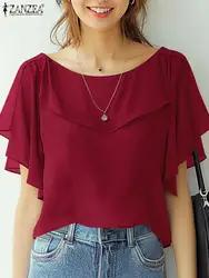 ZANZEA Casual Loose Ruffle Hem Blusa Women Chiffon Blouse Elegant Short Sleeve Shirt 2024 Summer Korean Fashion Solid Tops Tunic