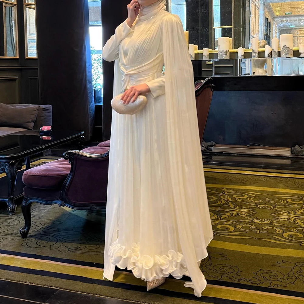

Customized A-line Evening Dresses Floor-length High-neck Full Sleeve Prom Gown Fashion Ruched Pleat Stole Draped Party Gown