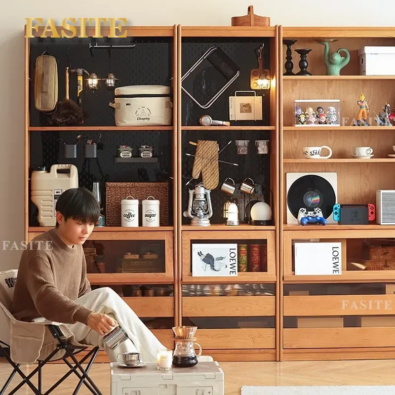for Solid Wood Cherry Bookcase Japanese Style Living Room Small Apartment Narrow Vertical Cabinet Magazine Locker Floor