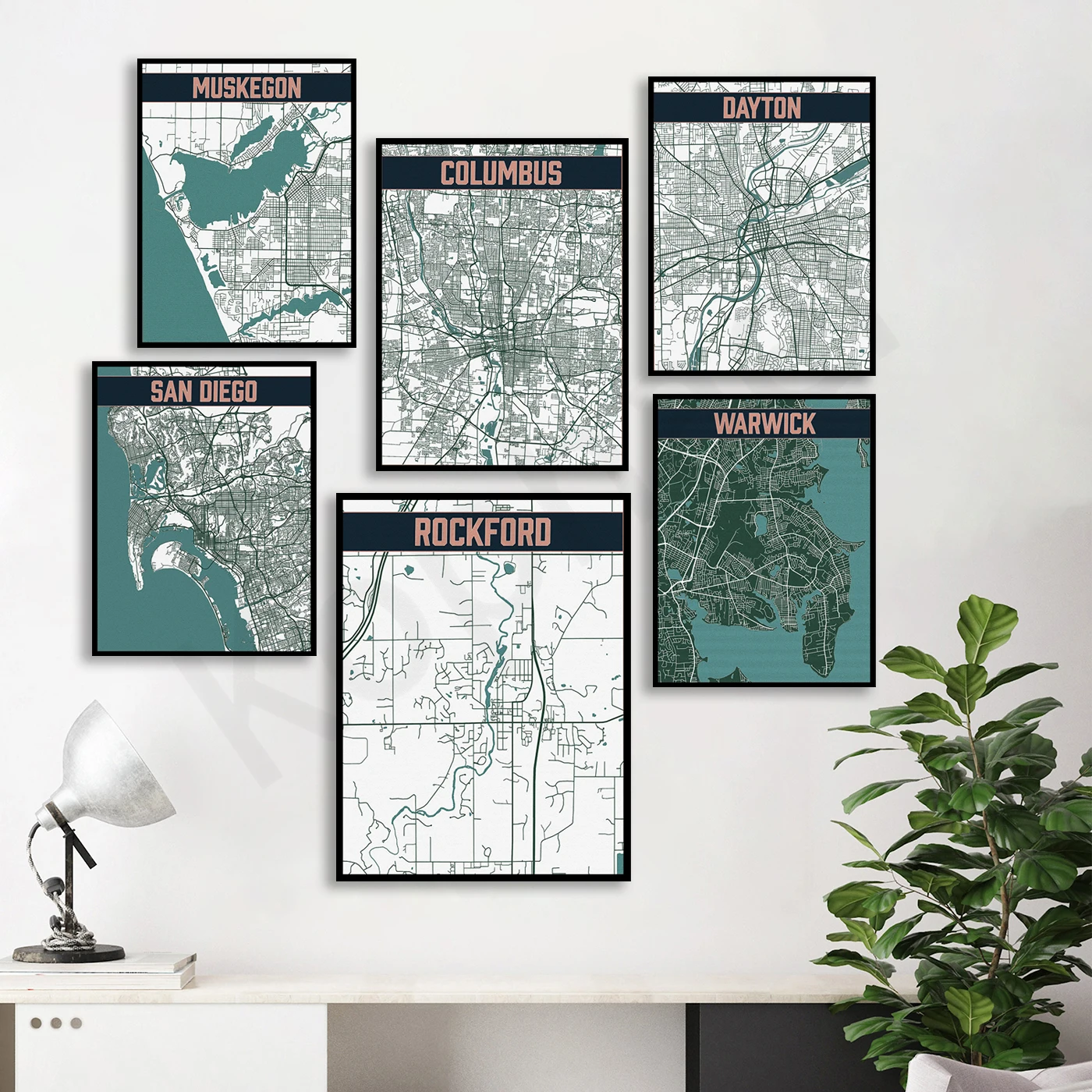 Rockford Ann Arbor Muskegon Columbus Dayton Santa Bárbara Los Ángeles Newport San Diego Warwick. Póster del mapa de viajes en la ciudad