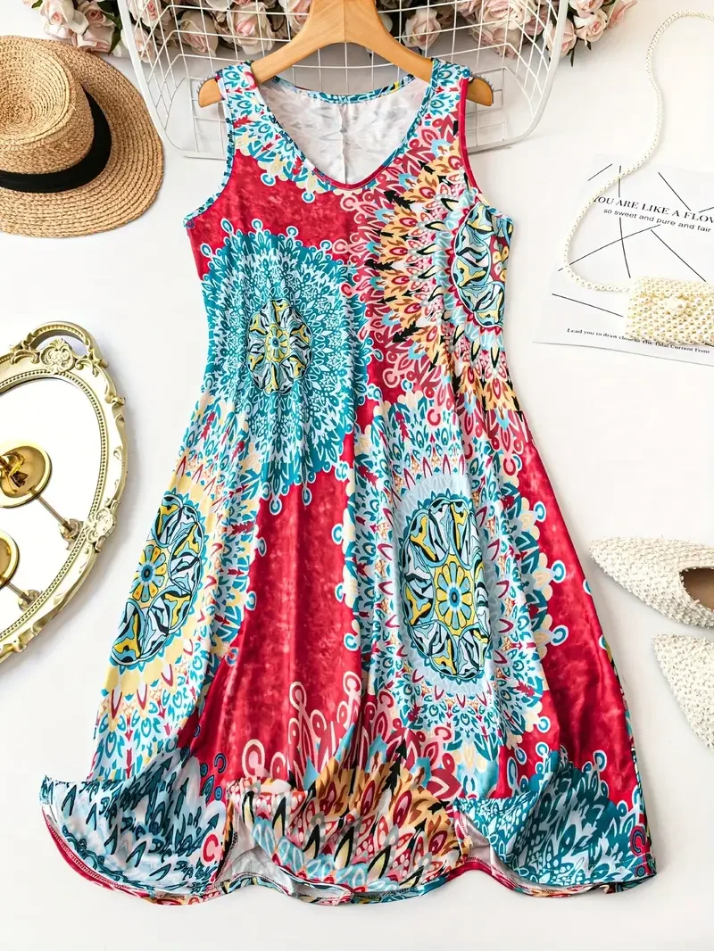 플러스 사이즈 여성용 프린트 캐주얼 브이넥 민소매 드레스