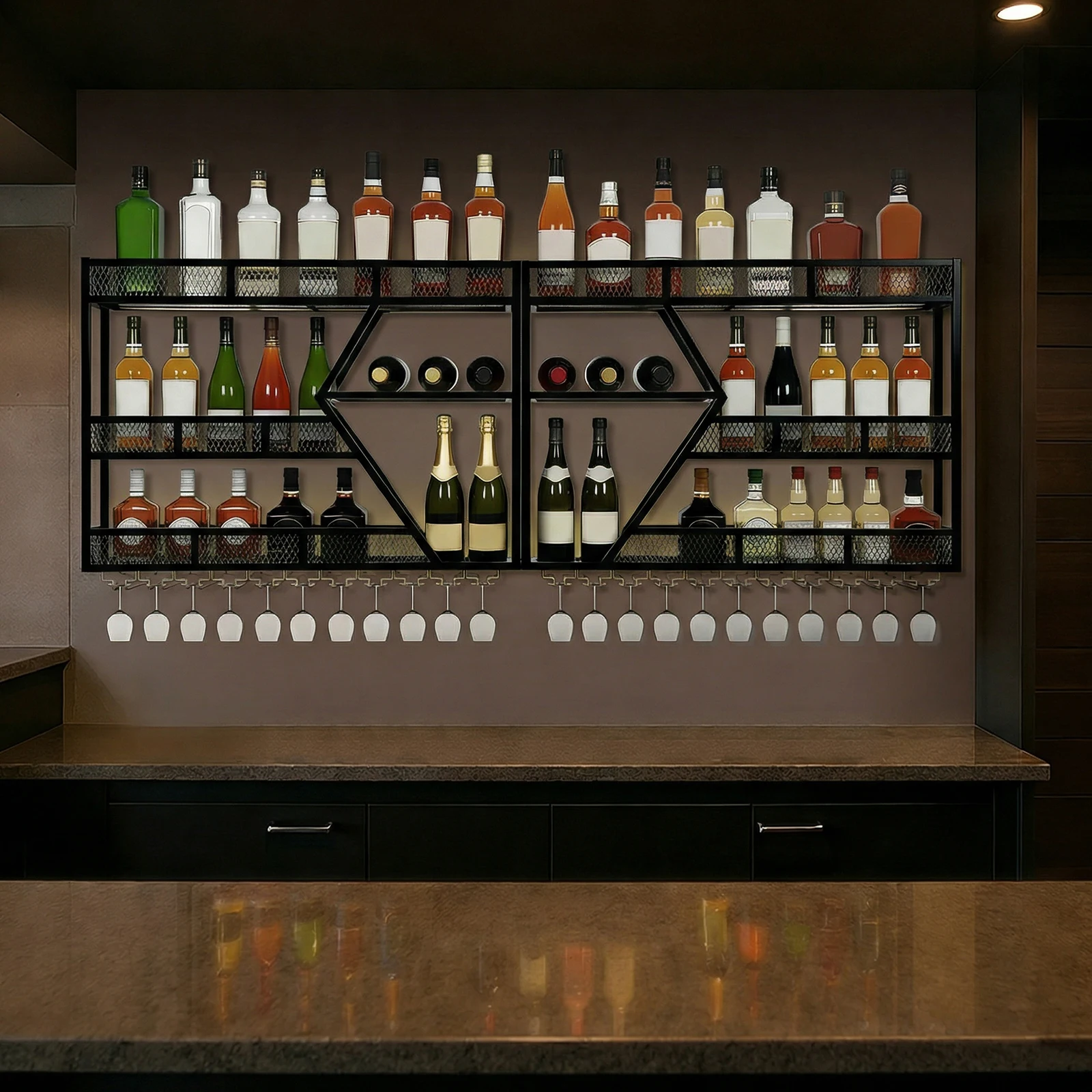 

3/4 Tier Wall Mounted Liquor Shelf Metal Hanging Wine Bottles Display Shelf with Glass Holder for Kitchen Dining Room Home Decor