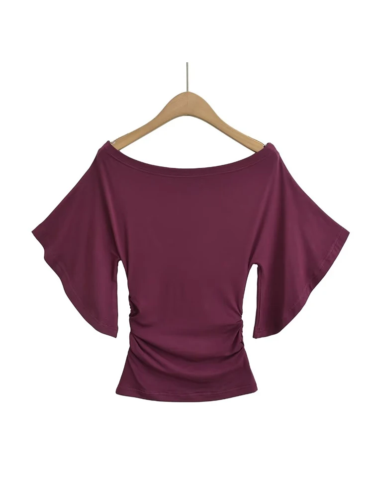 Camiseta de estilo coreano para mujer, camiseta Sexy de verano con manga de murciélago y cuello oblicuo y hombros descubiertos, Top ajustado liso con cintura ceñida