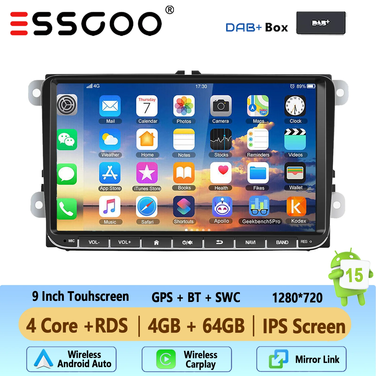 ESSGOO 9 inch Android 15 64GB autoradio voor VW Golf MK5 6 Passat Polo Touran Caddy EOS Jetta Seat Skoda met draadloze Carplay GPS navigatie BT