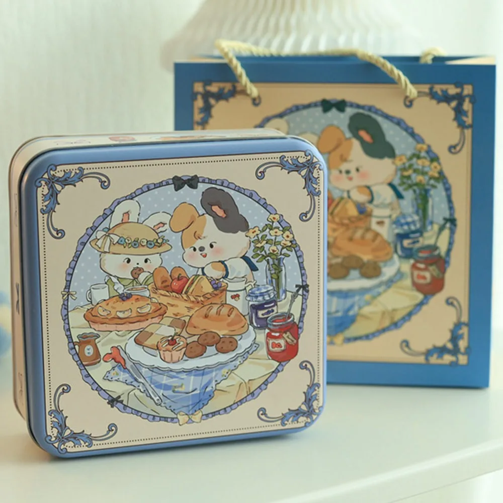 Cartoon Rabbit Iron Box Multicolor 17*17*6cm Metal Storage Box Square with Lid Cookie Tin Tea Candy Cookies Cake Biscuits