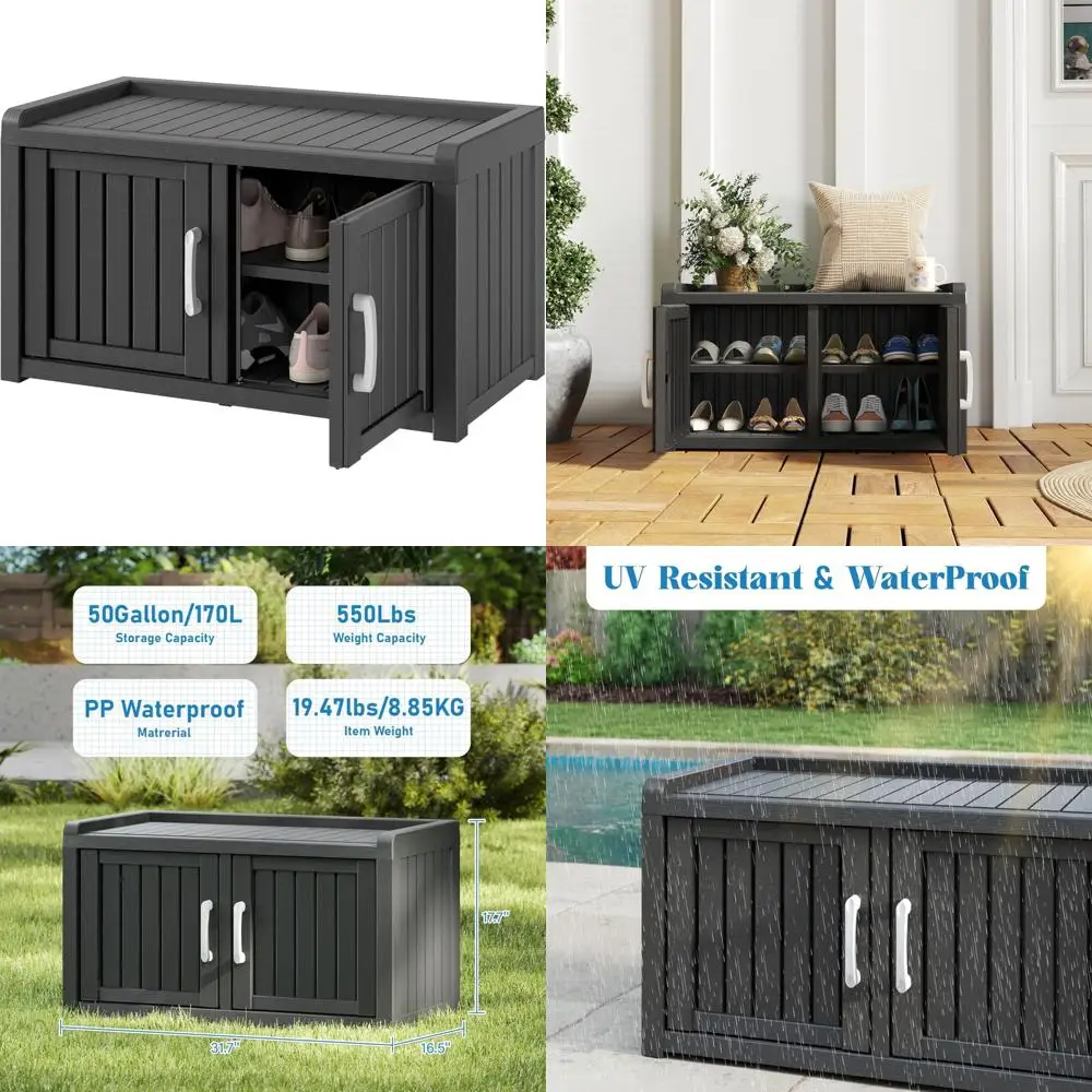 

Outdoor Shoe Storage Cabinet, Weatherproof Entryway Bench with 2 Barn Doors, Adjustable for Indoor and Outdoor Use