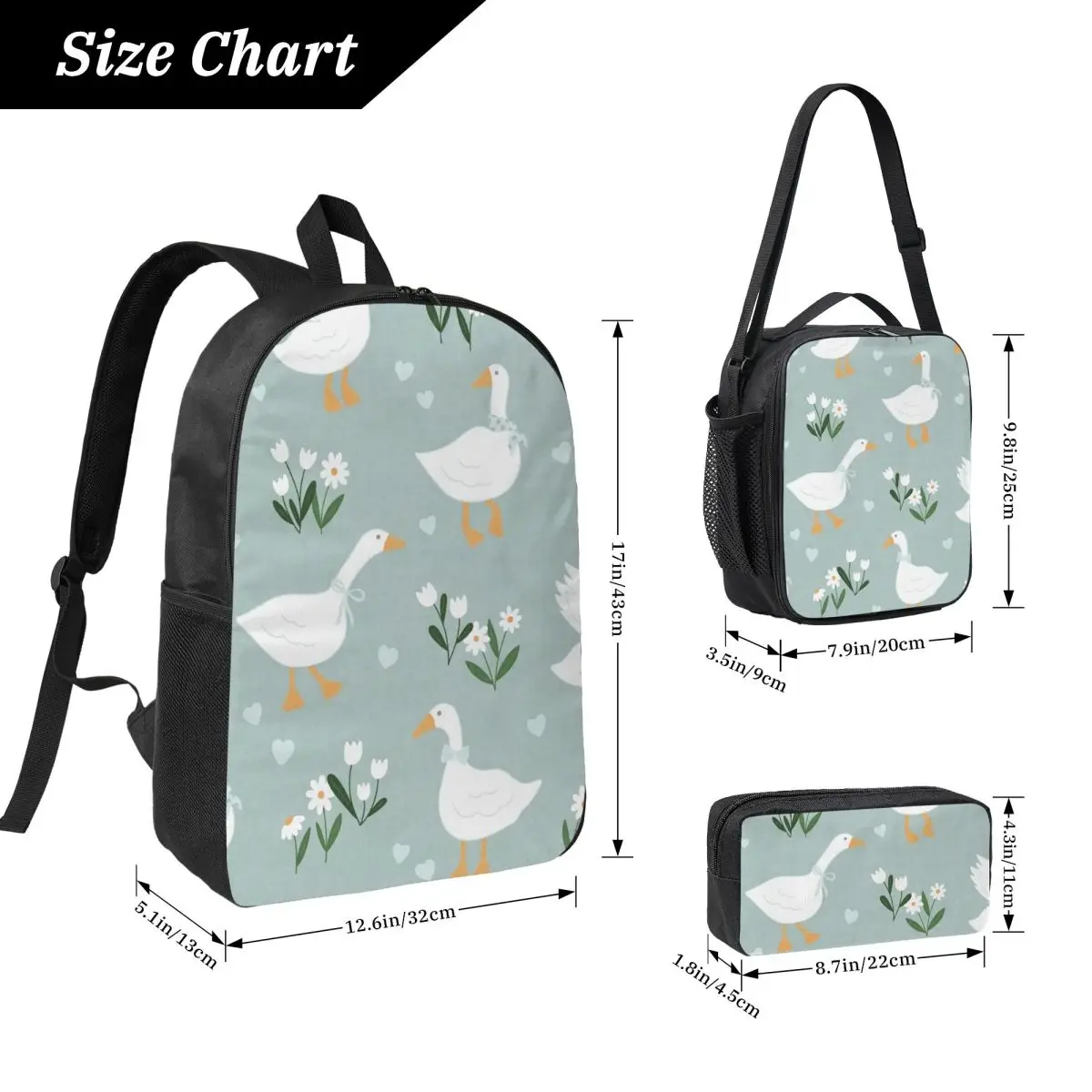 Nordic Style White Goose Pattern Backpack Student BookBag School Bag Computer Shoulder Bags 3ps Insulated Lunch Bag Pencil Case