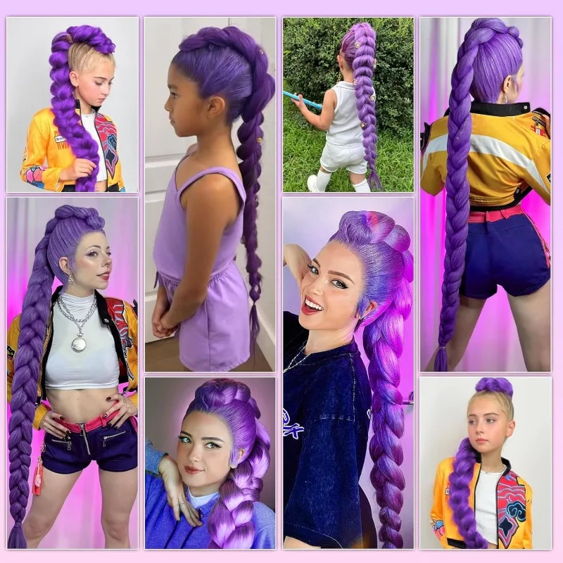 Long Purple Braiding Hair Pre Stretched Synthetic Braiding hair Extensions Purple Hair for Halloween Stage Party Costume Cosplay