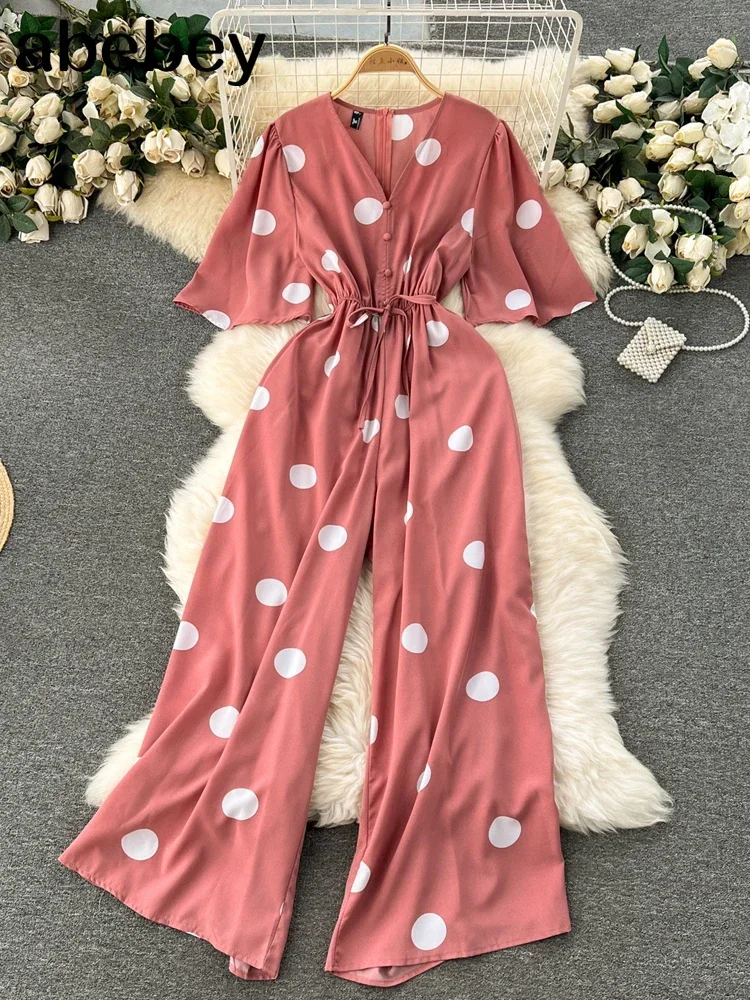 Women Wide Leg Trousers Jumpsuit V Neck Sexy Dolman Sleeves Waist Slim Polka Dot Print Jumpsuit