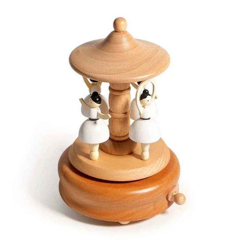 Creative Wooden Music Box Carousel Handcrafted Ballet Girl Dance Ornament for Home Birthday Gift