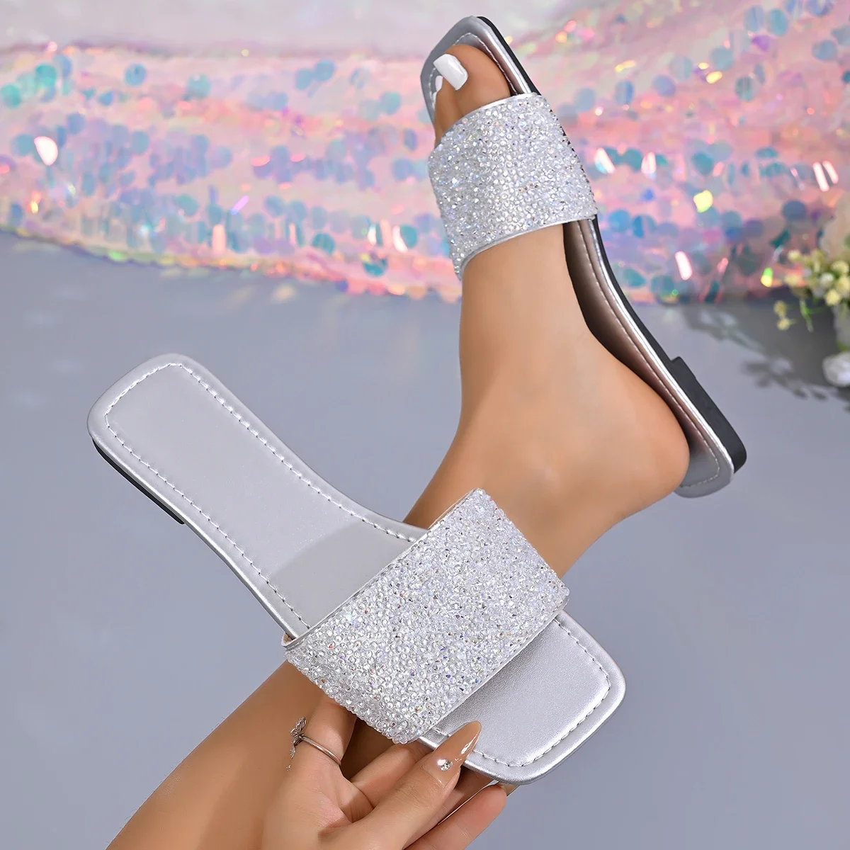 Women's Black Beaded Flat Slide Sandals 2026 Summer Square Toe Slip On Slippers Plus Size 43 Party Dress Shoes