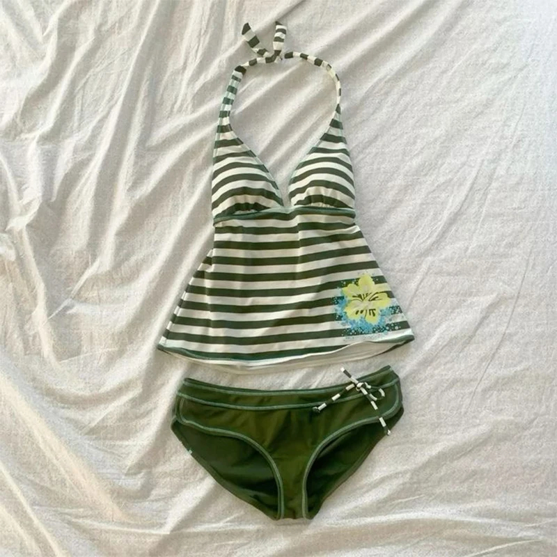 Conjunto de Bikini de playa de verano para mujer, traje de baño Sexy ajustado y elegante a rayas con cuello Halter y cuello en V, ropa de playa informal Vintage de 2 piezas, traje de baño dividido