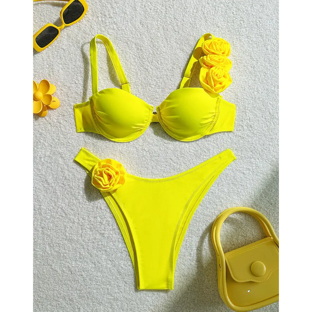 

2025 New Sexy Bikini Set Women Swimsuit 3d Flower Strap Swimwear Push Up Thong Bathing Suit Underwire Biquini 2 Piece Beachwear
