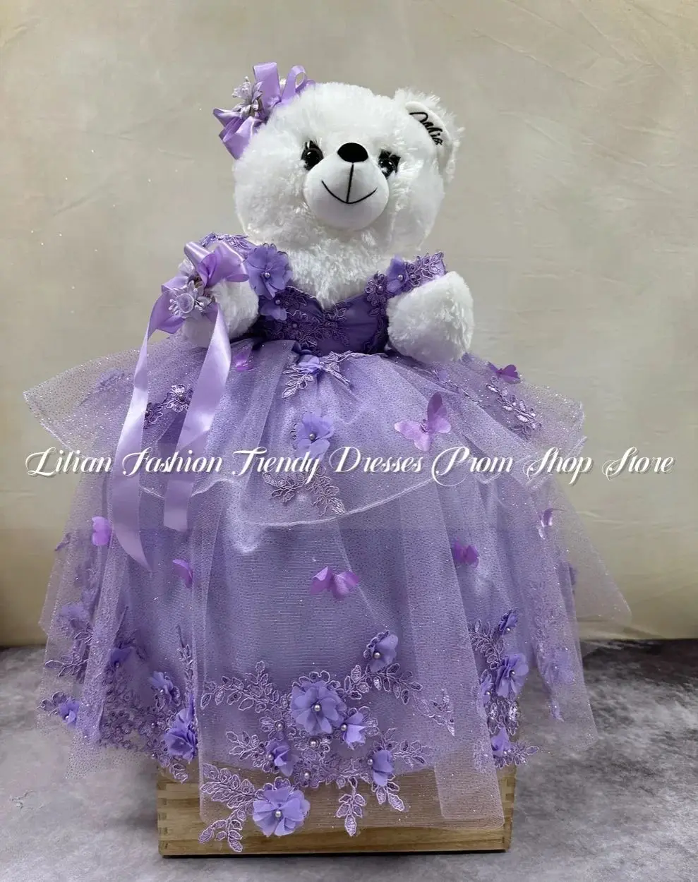 Mexican Purple Sweetheart Special Link Personalised Quinceanera Teddy Bear Dress Dreamy Floral Embroidered Tulle Customised