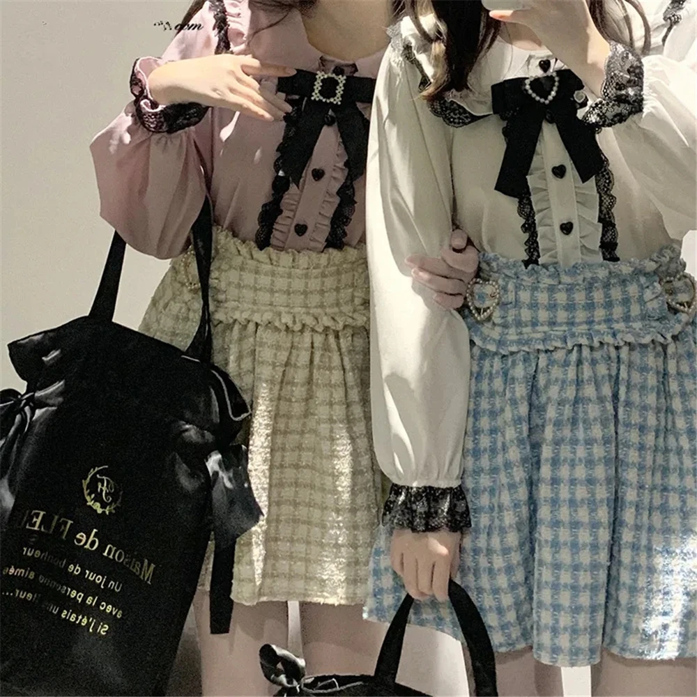 Jirai Kei Peter Pan Collar Japan Blouse Y2K Long Sleeves Lolita Crop Top Sweet Patchwork Bow Spring Kawaii Vintage Lace Jk Shirt