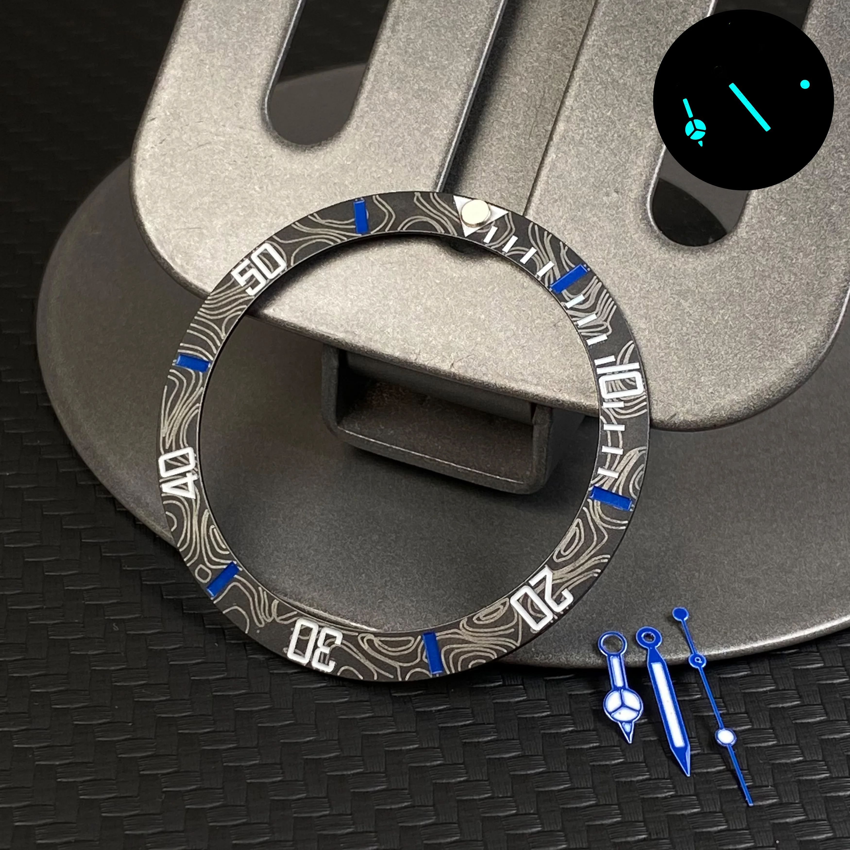 NH35 시계 바늘 섬유 패턴 디자인 세라믹-알루미늄 베젤 블루 그린 빛나는 손 NH35 NH36 무브먼트 부품 시계 케이스에 적합